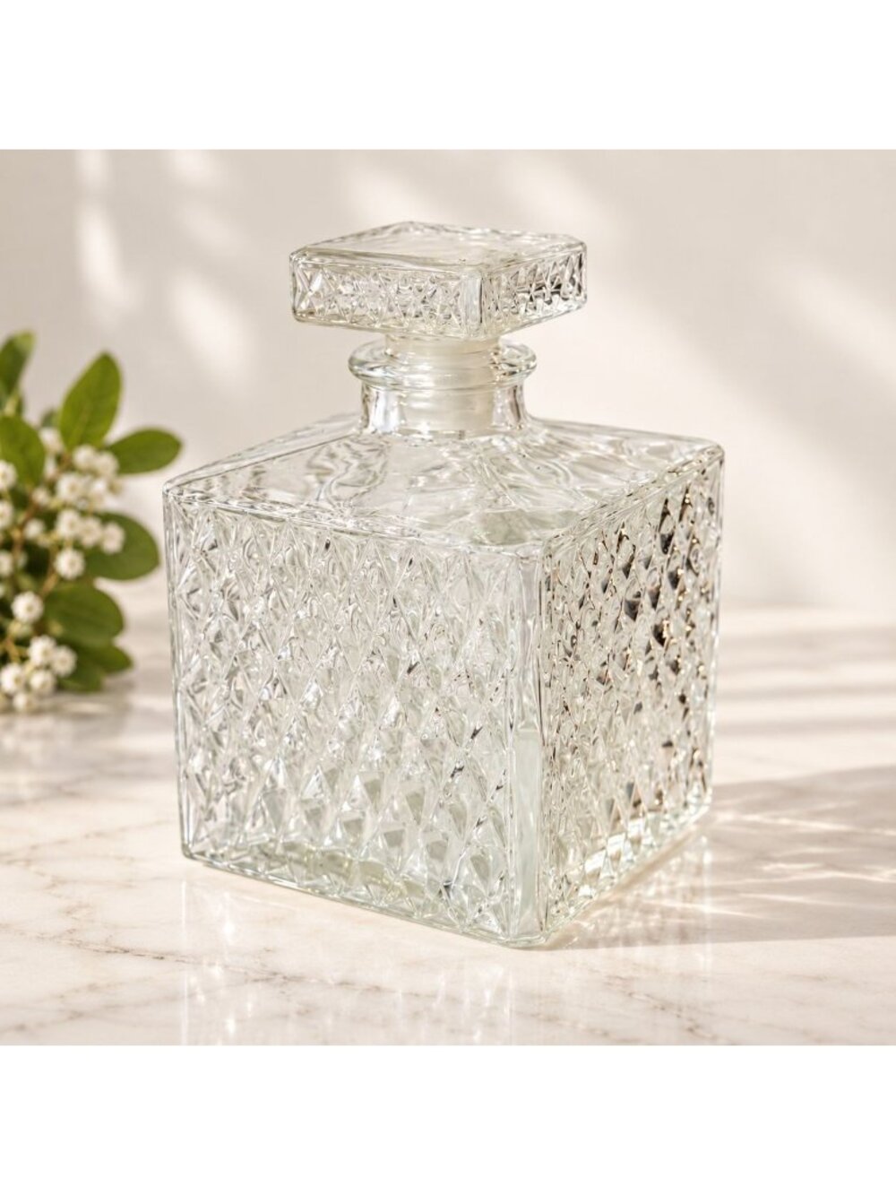 Vintage Clear Glass Square Decanter Diamond Cut Geometric Regency Barware Decor